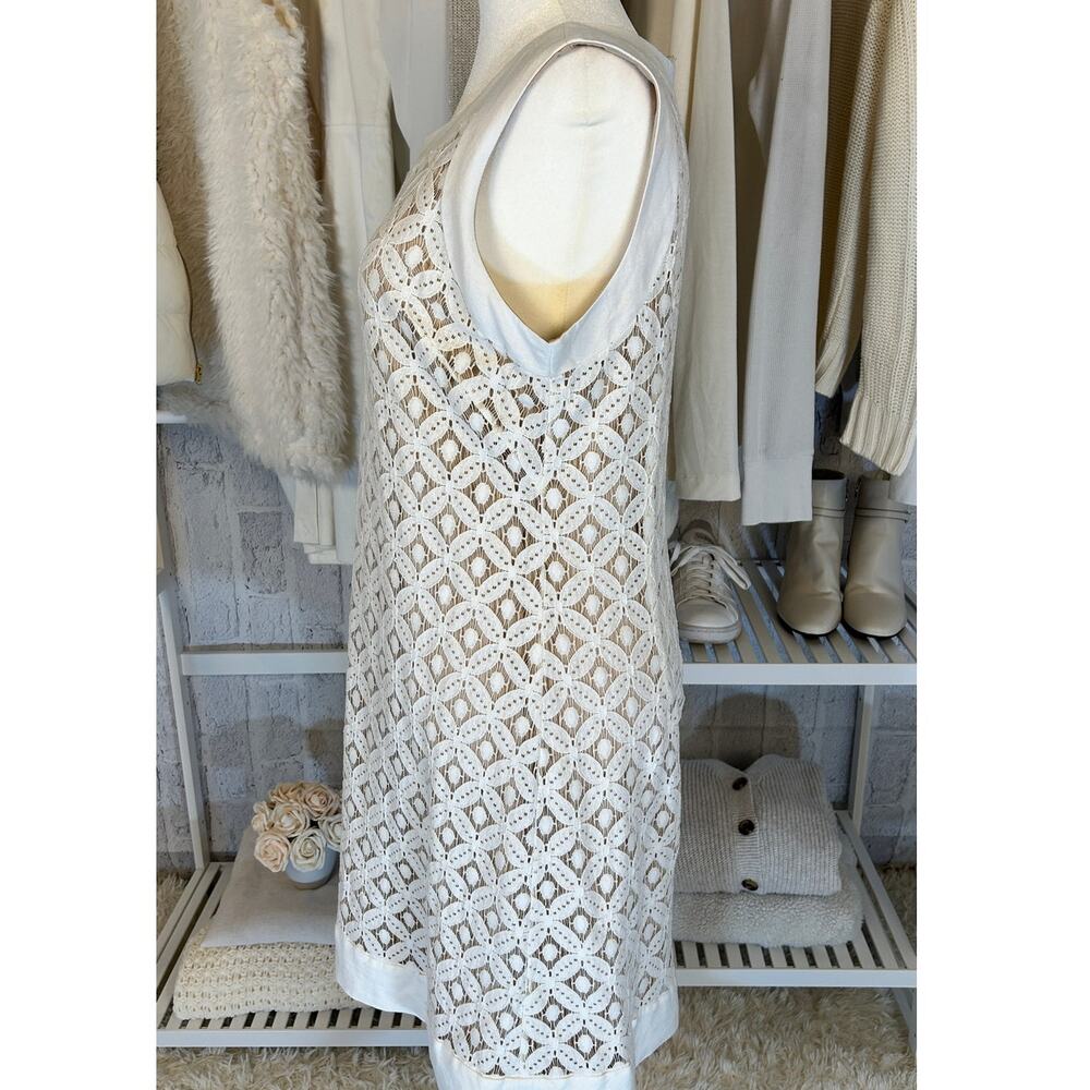 Sharagano Women's Size 10 Ivory Lace Nude Underlay Sleeveless Linen Shift Dress - Picture 4 of 9